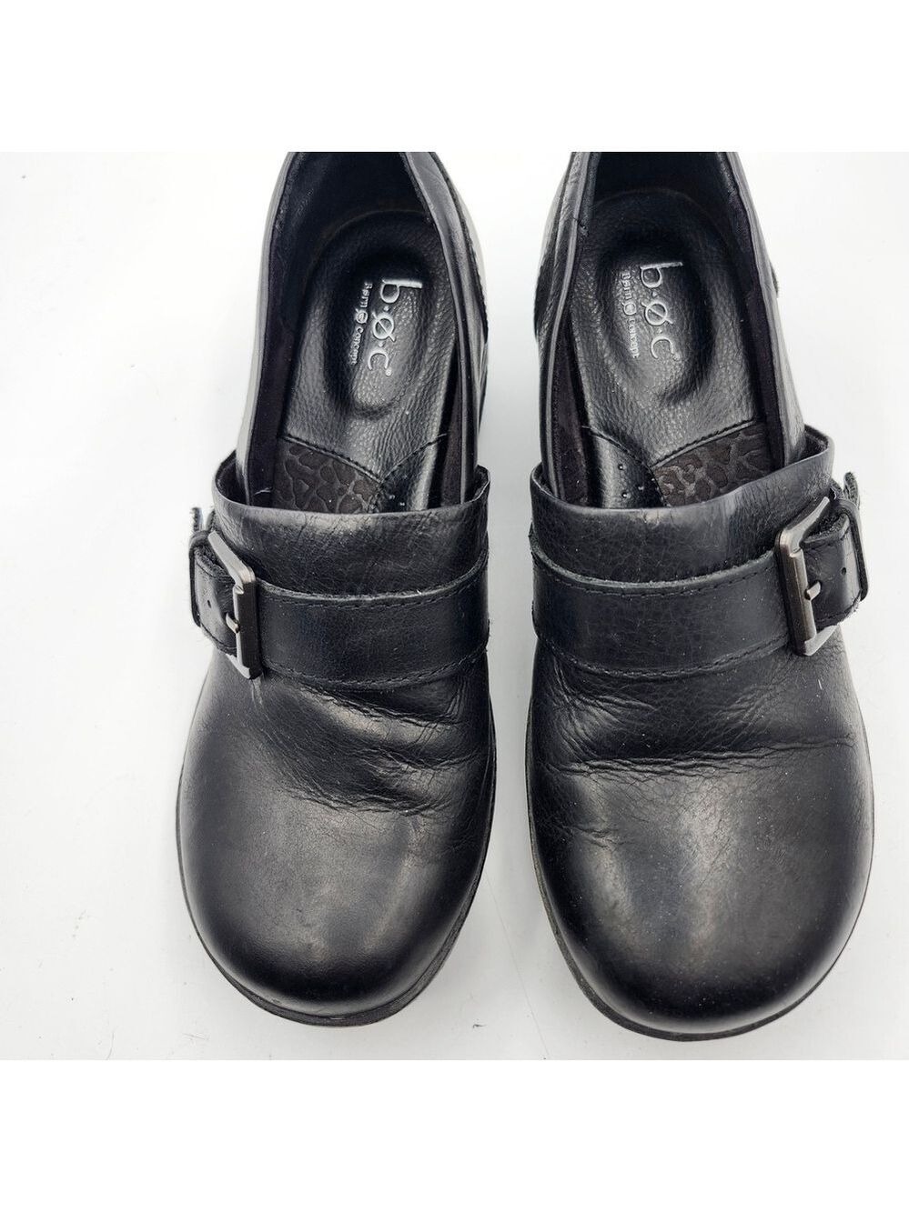 b.o.c Born Black Leather Buckle Shoes Buckel Wedge Heel 2.5" Sz 7M
